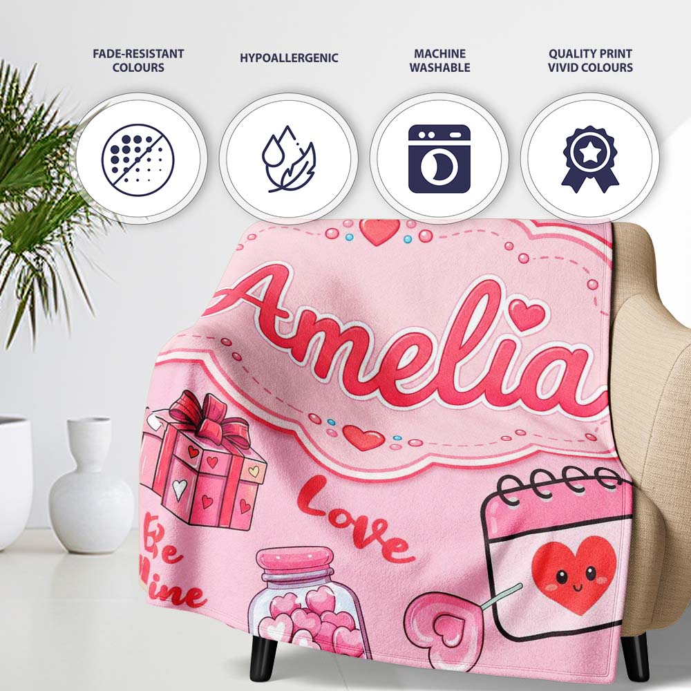 Valentines Love Hearts Gifts Candy Syringe Pink Background Seamless Personalised Custom Name Super Soft Fleece Blanket Bed Sofa Throw