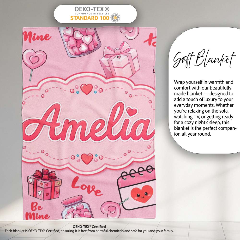 Valentines Love Hearts Gifts Candy Syringe Pink Background Seamless Personalised Custom Name Super Soft Fleece Blanket Bed Sofa Throw