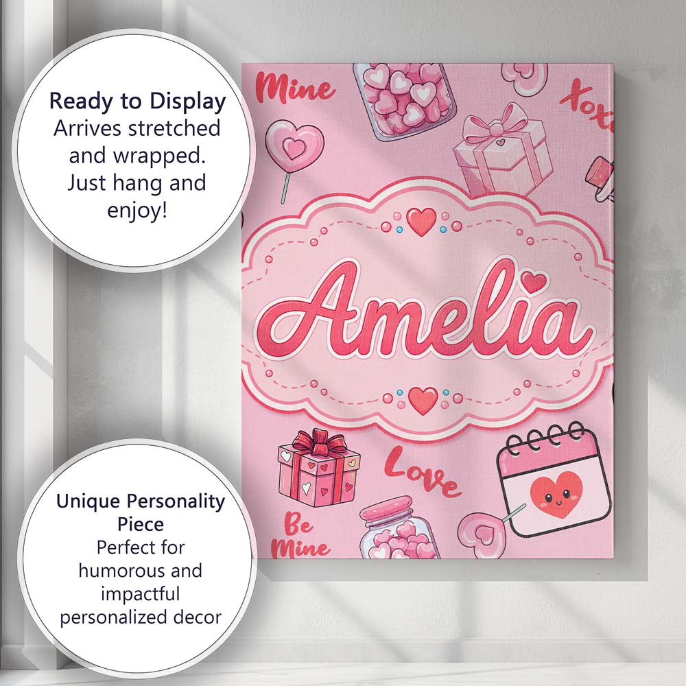 Personalised Name Valentines Love Hearts Custom Unique Gift Idea Elegant Feature Canvas Wall Art Print Decor Picture Ready to Hang