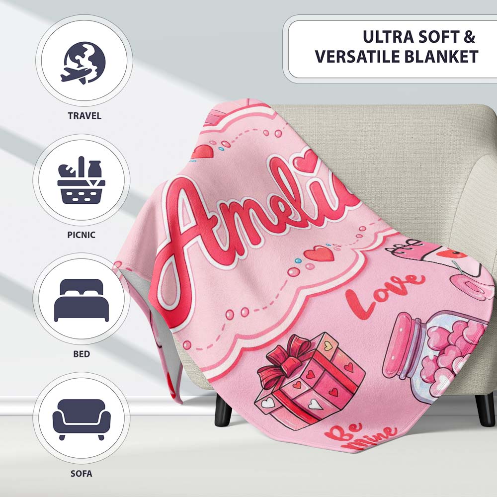 Valentines Love Hearts Gifts Candy Syringe Pink Background Seamless Personalised Custom Name Super Soft Fleece Blanket Bed Sofa Throw