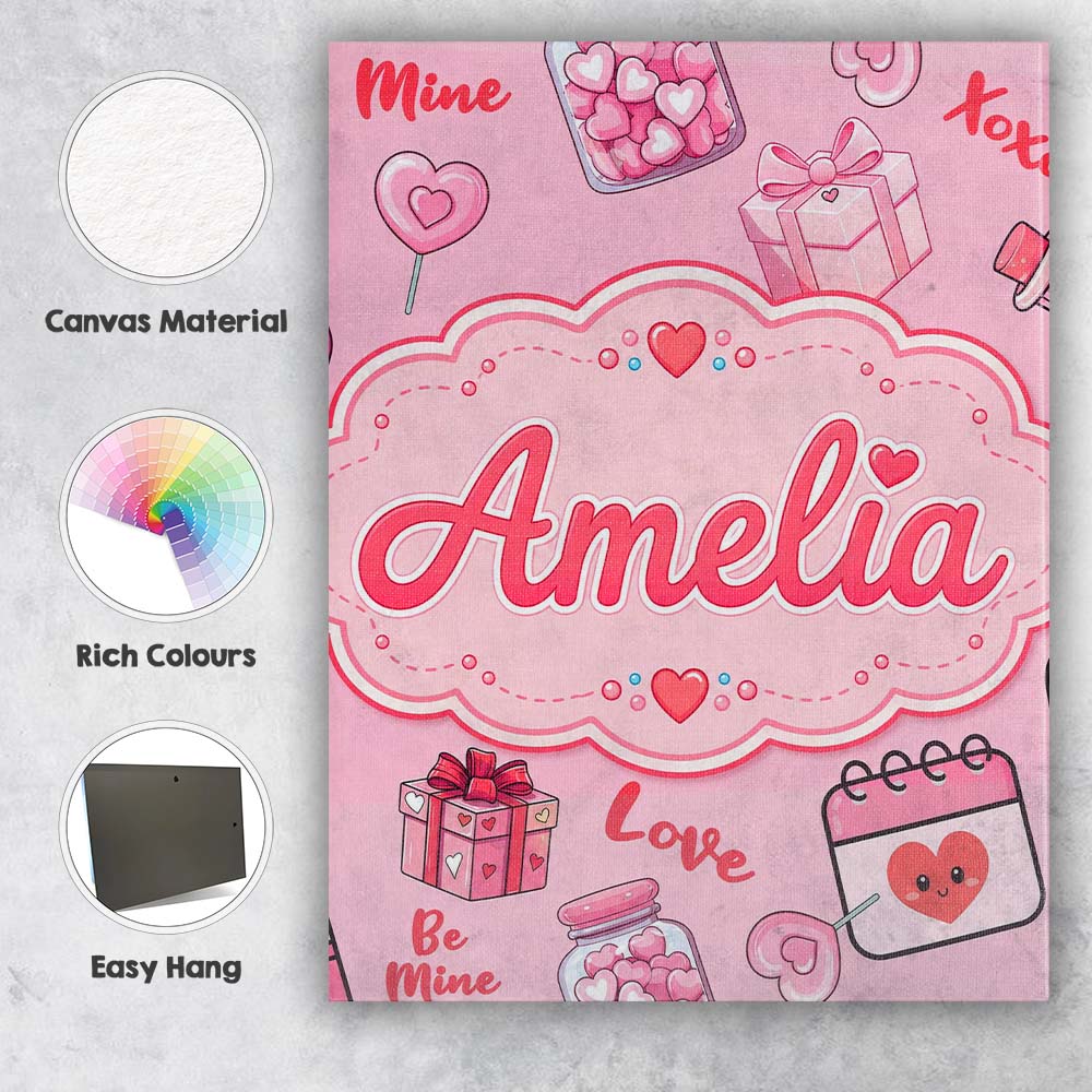 Personalised Name Valentines Love Hearts Custom Unique Gift Idea Elegant Feature Canvas Wall Art Print Decor Picture Ready to Hang