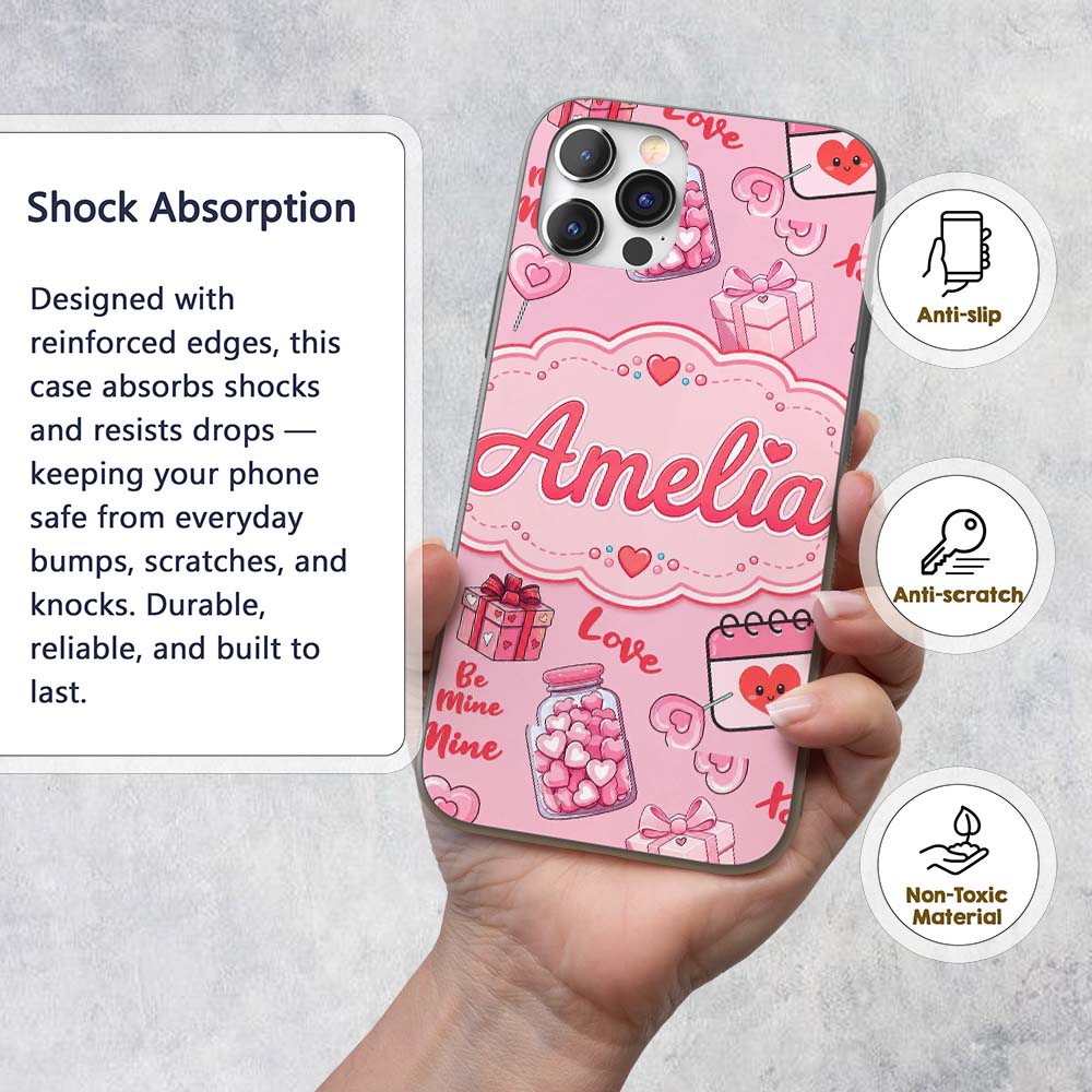Valentines Love Hearts Gifts Candy Syringe Pink Custom Name Protective Phone Case Mobile Cover Durable Everyday Smartphone Shock Resistant