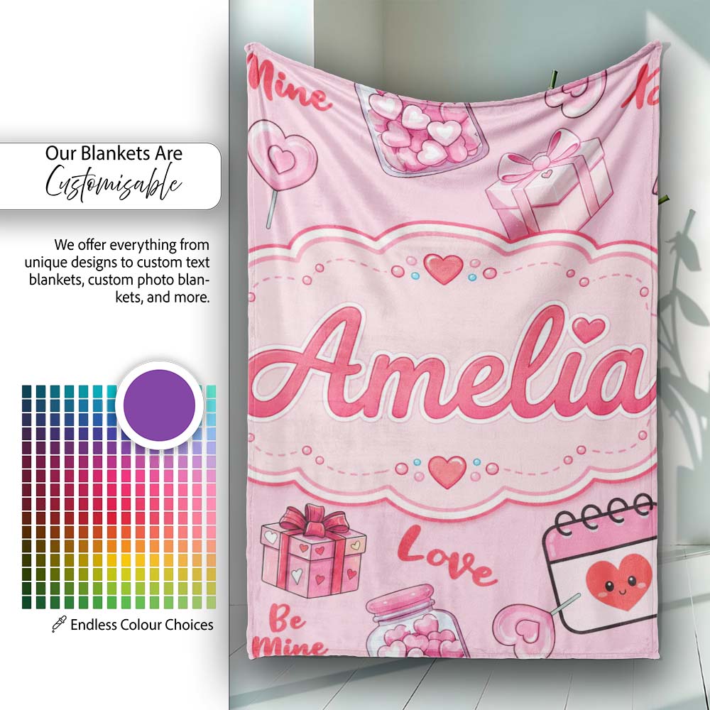 Valentines Love Hearts Gifts Candy Syringe Pink Background Seamless Personalised Custom Name Super Soft Fleece Blanket Bed Sofa Throw