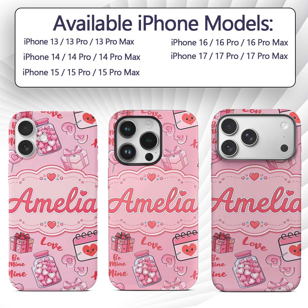 Valentines Love Hearts Gifts Candy Syringe Pink Custom Name Protective Phone Case Mobile Cover Durable Everyday Smartphone Shock Resistant