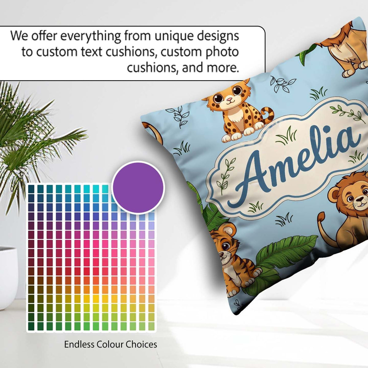 Custom Name Cute Jungle Animals Leaves Seamless Pattern for Her Square Filled Cushion Throw Pillow Sofa Bed Home Decor Zip Washable UK Made