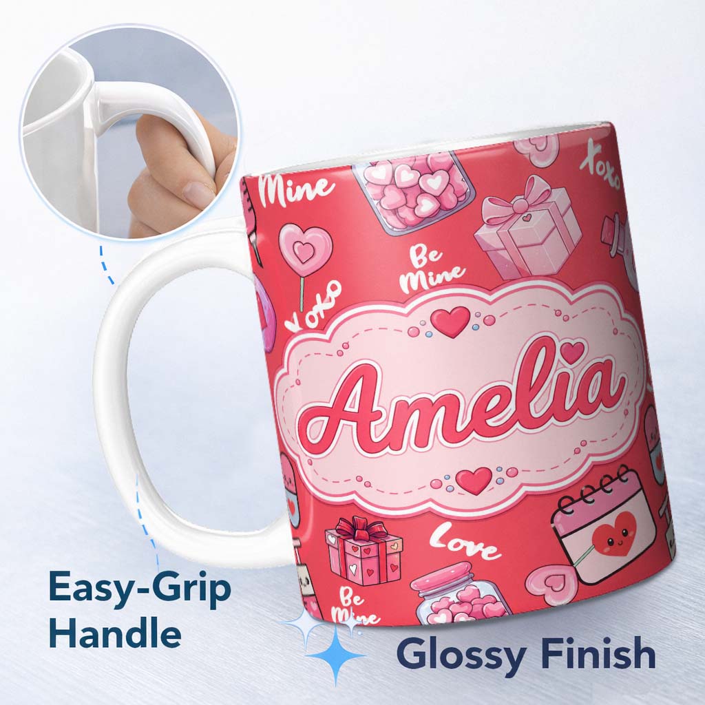 Personalized Custom Name Valentines Love Hearts Gifts Candy Syringe Red Background Seamless 11oz Ceramic Coffee Tea Mug White Large Handle