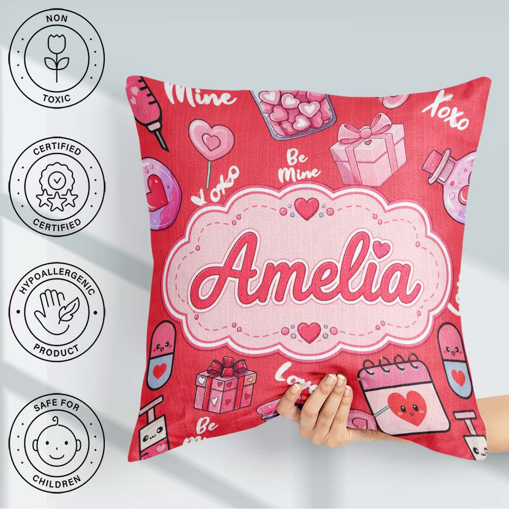 Custom Name Valentines Hearts Gifts Candy Syringe Red Background Square Filled Cushion Throw Pillow Sofa Bed Home Decor Zip Washable UK Made