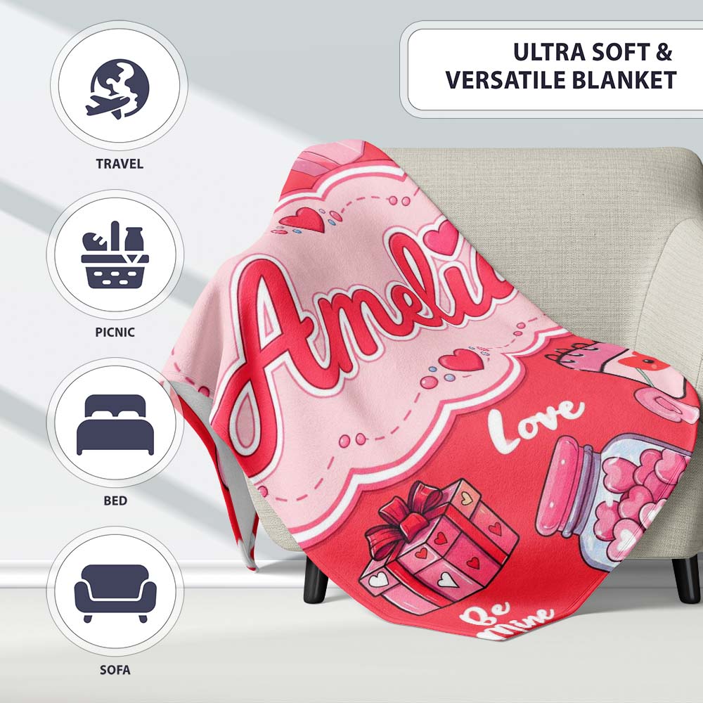Valentines Love Hearts Gifts Candy Syringe Red Background Seamless Personalised Custom Name Super Soft Fleece Blanket Bed Sofa Throw
