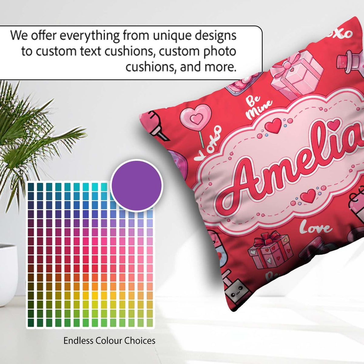 Custom Name Valentines Hearts Gifts Candy Syringe Red Background Square Filled Cushion Throw Pillow Sofa Bed Home Decor Zip Washable UK Made