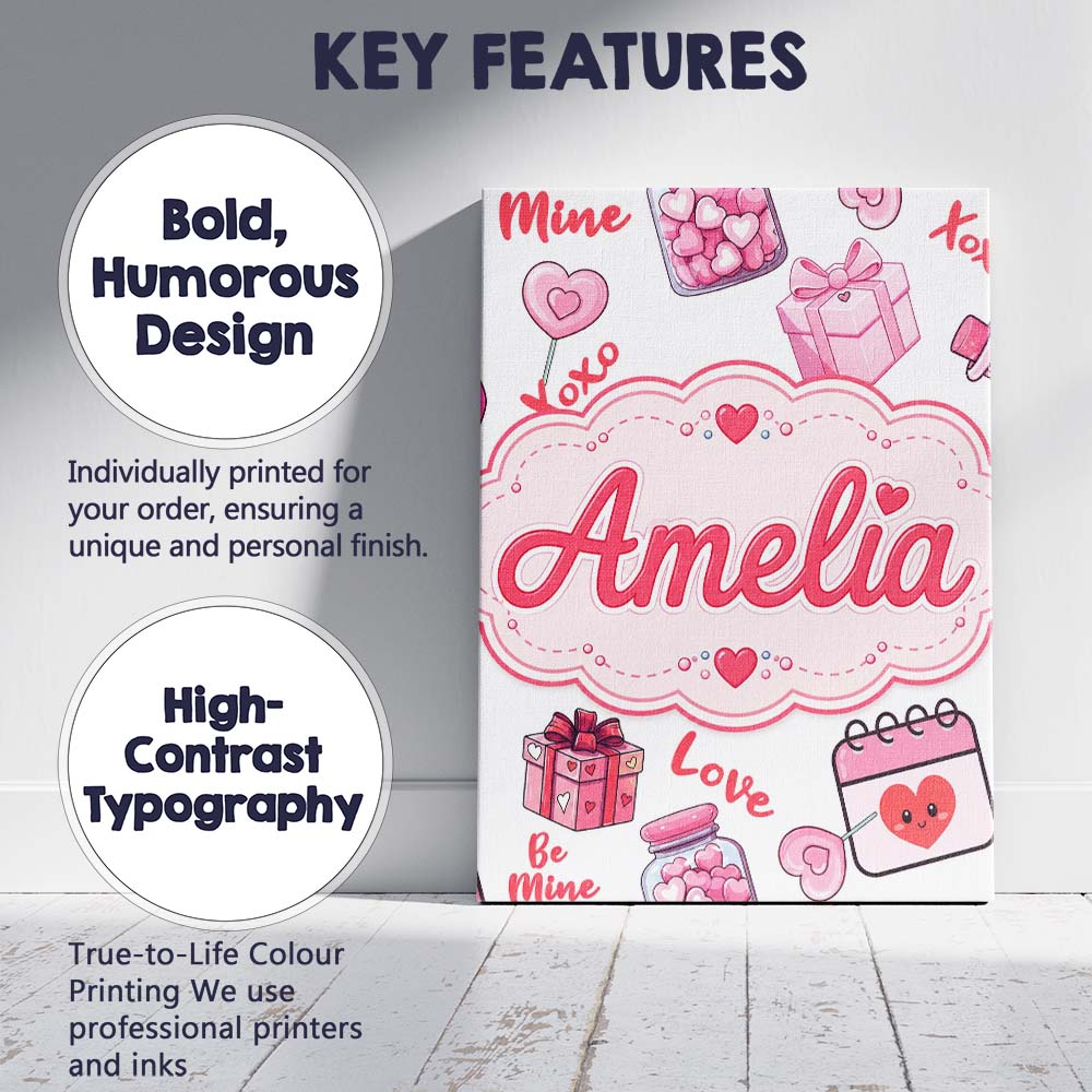 Personalised Name Valentines Love Hearts Custom Unique Gift Idea Elegant Feature Canvas Wall Art Print Decor Picture Ready to Hang