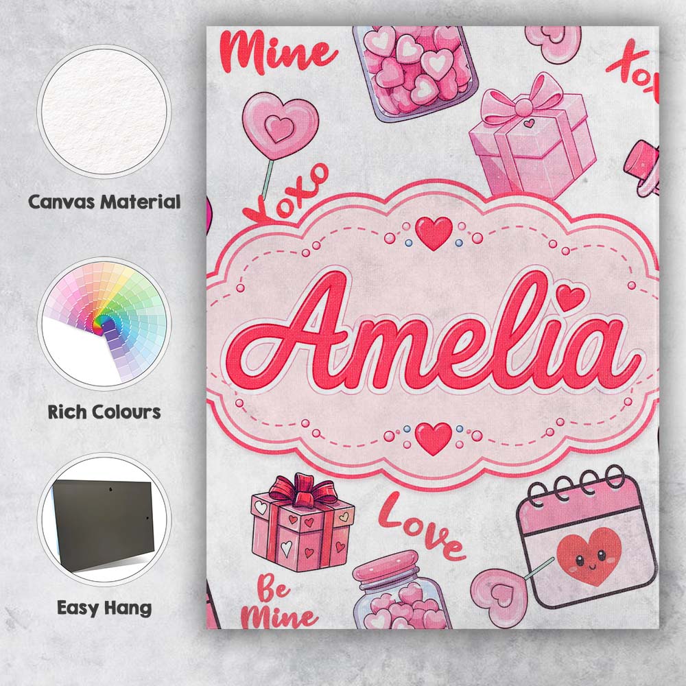 Personalised Name Valentines Love Hearts Custom Unique Gift Idea Elegant Feature Canvas Wall Art Print Decor Picture Ready to Hang