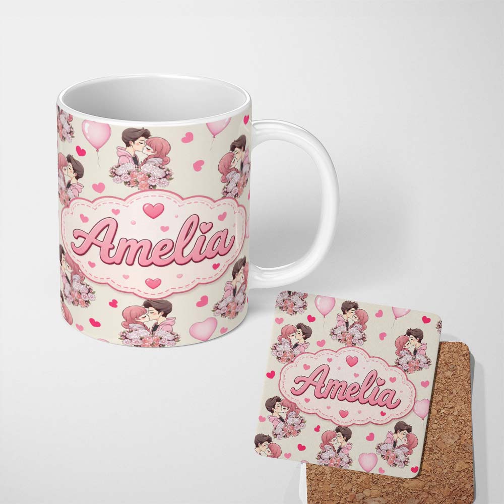Personalized Custom Name Valentines Love Couple Kissing Floral Hearts Beige Background 11oz Ceramic Coffee Tea Mug White Large Handle