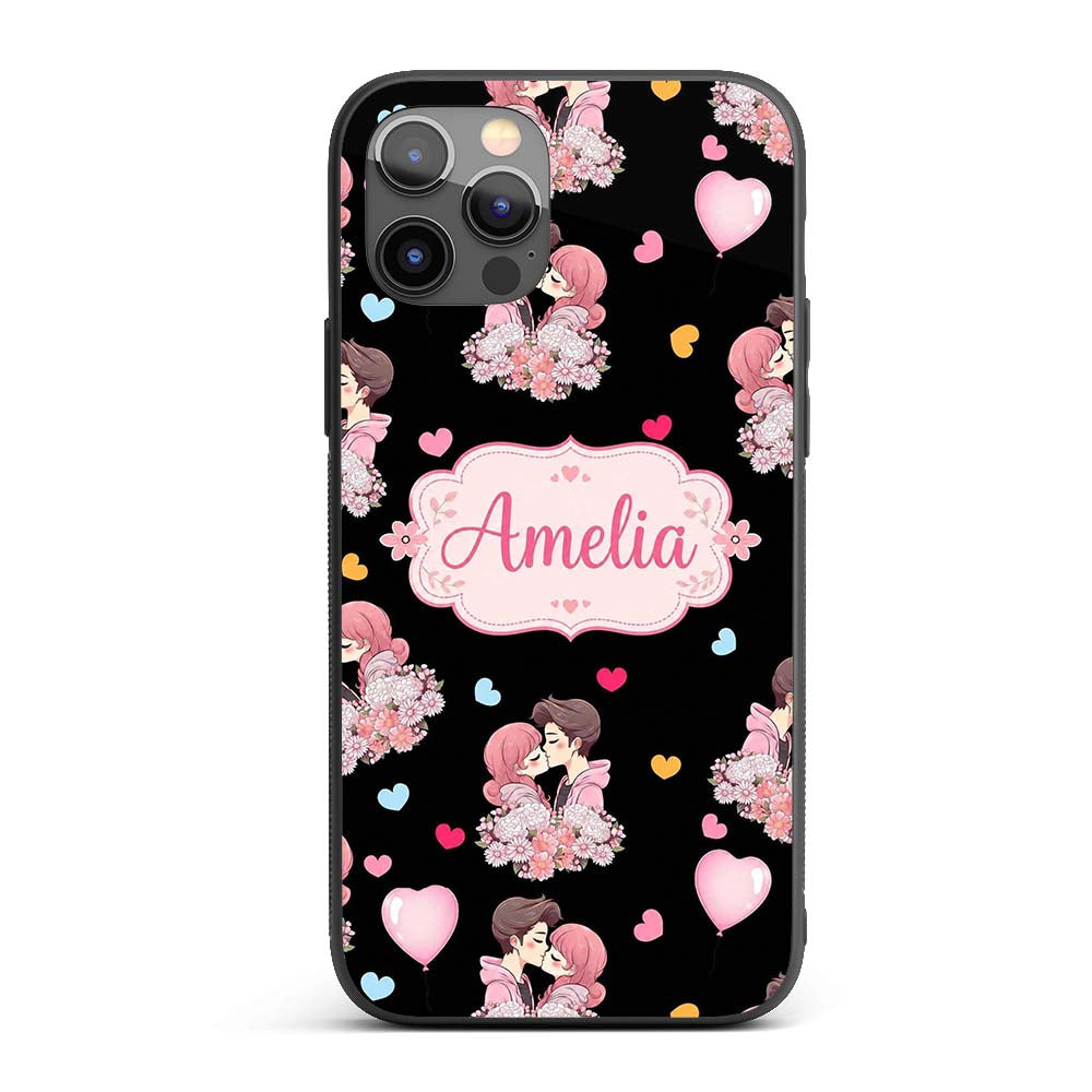 Valentines Love Couple Kissing Floral Hearts Custom Name Protective Phone Case Mobile Cover Durable Everyday Smartphone Shock Resistant