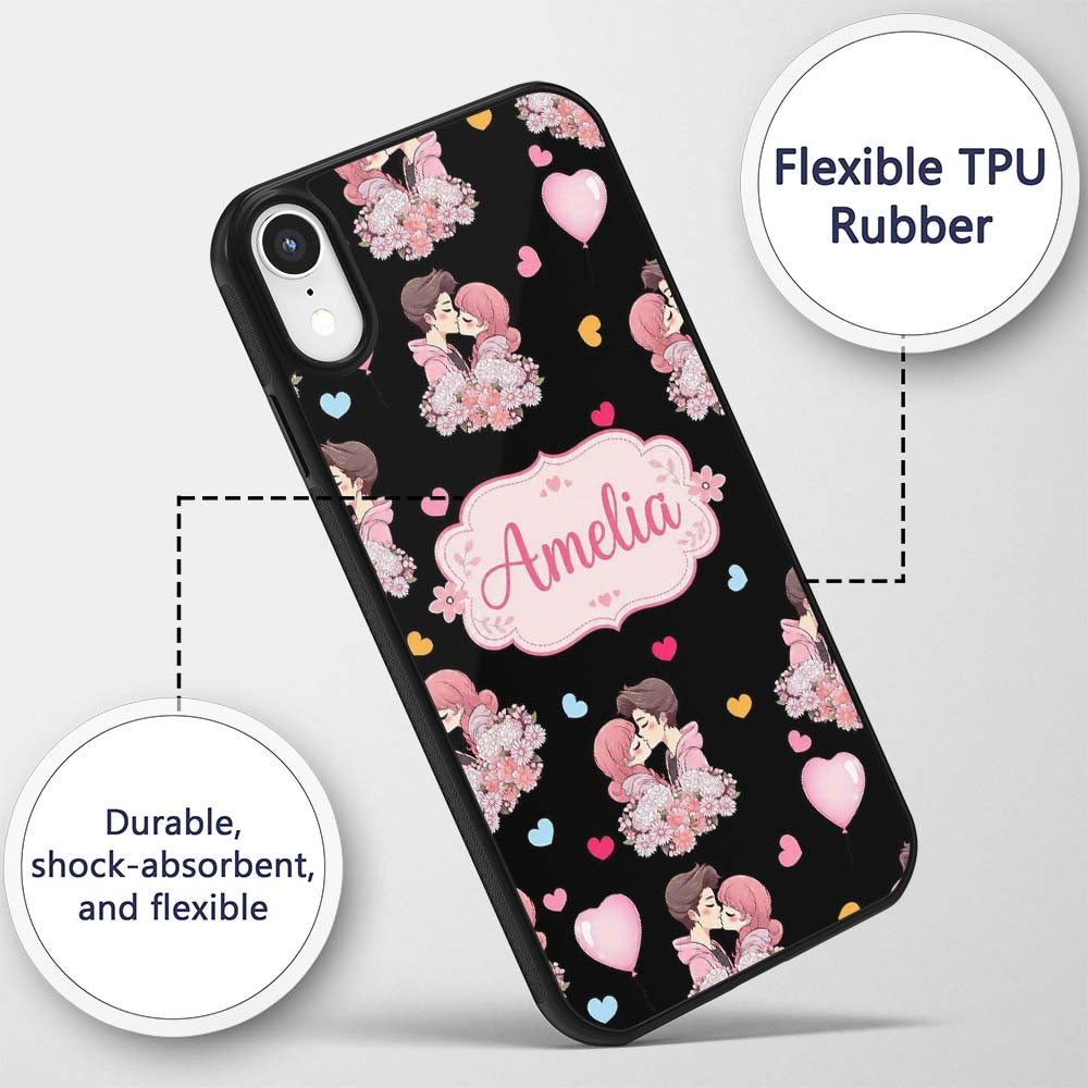 Valentines Love Couple Kissing Floral Hearts Custom Name Protective Phone Case Mobile Cover Durable Everyday Smartphone Shock Resistant