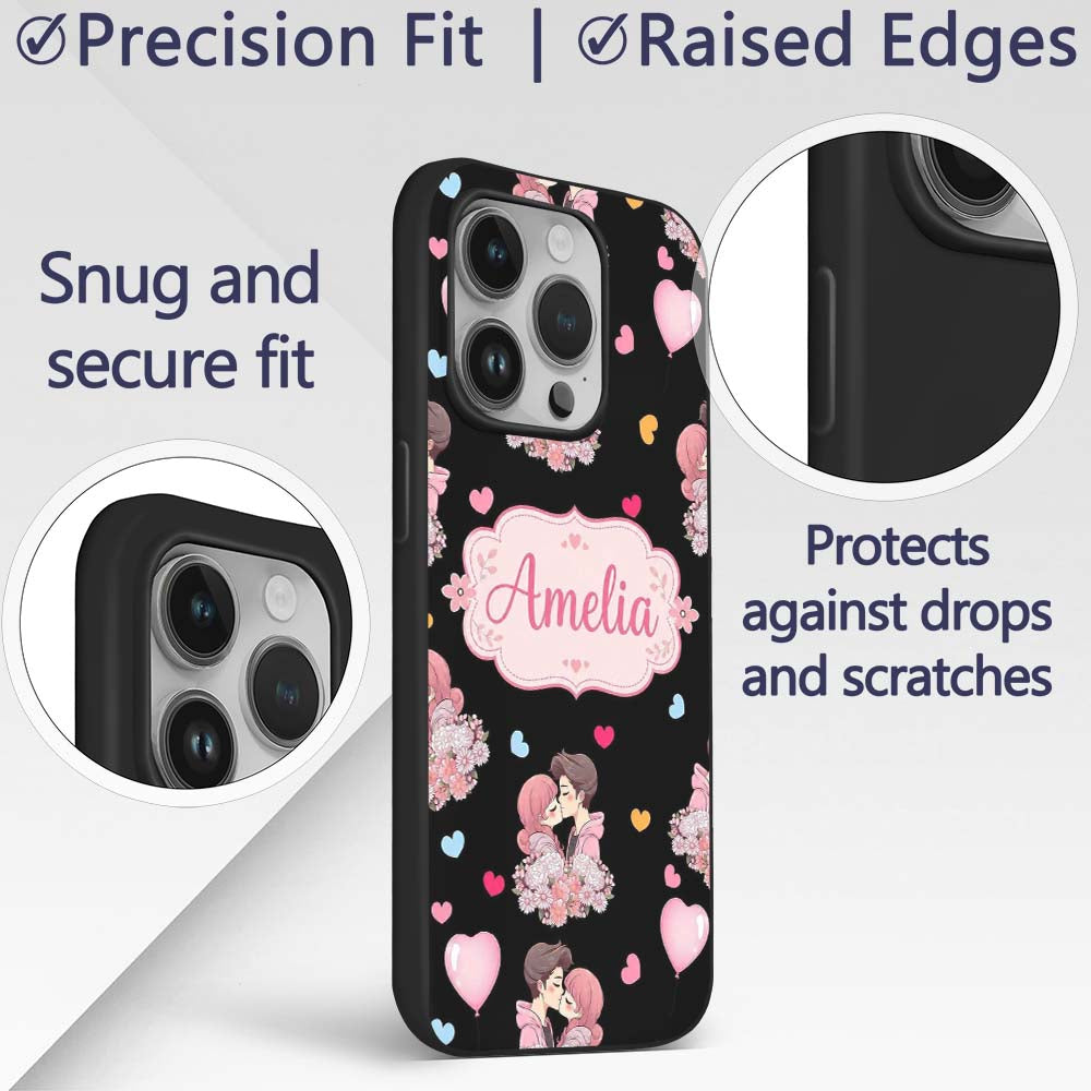 Valentines Love Couple Kissing Floral Hearts Custom Name Protective Phone Case Mobile Cover Durable Everyday Smartphone Shock Resistant