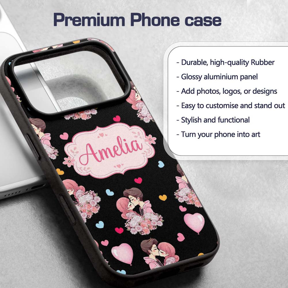 Valentines Love Couple Kissing Floral Hearts Custom Name Protective Phone Case Mobile Cover Durable Everyday Smartphone Shock Resistant