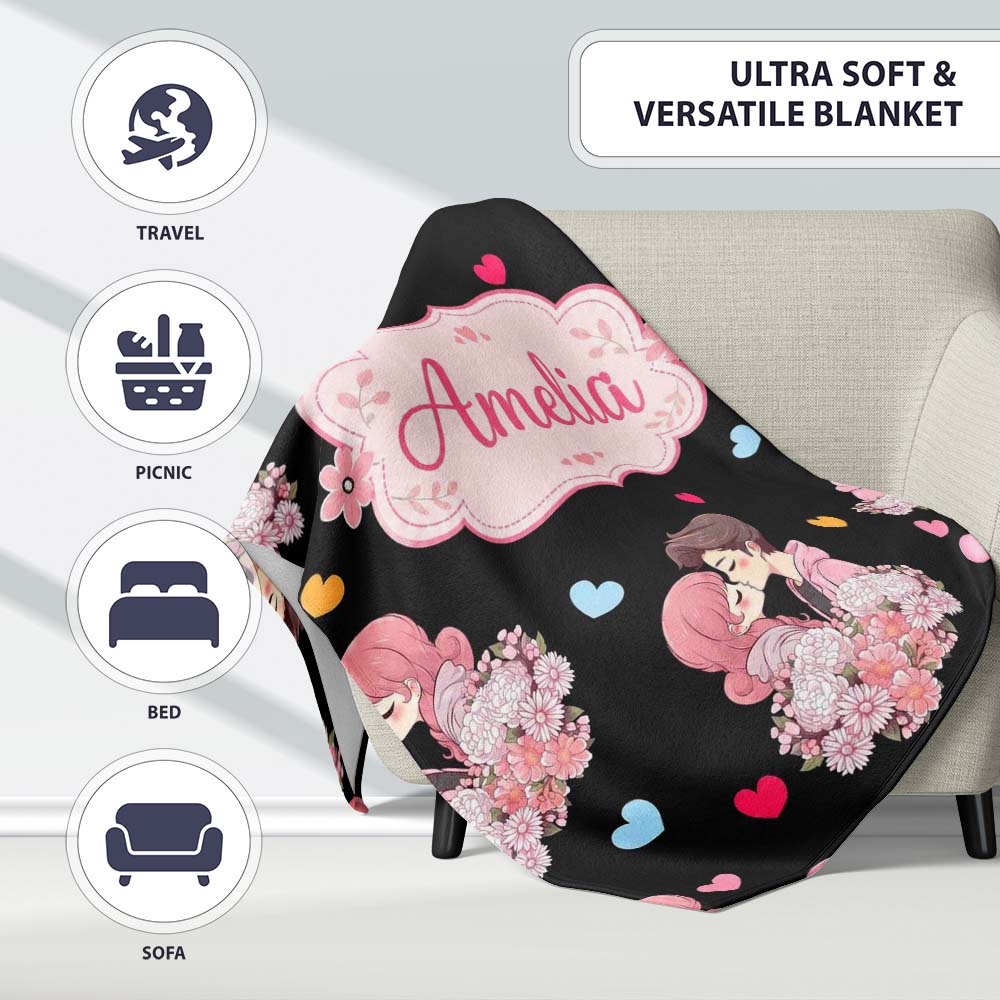 Valentines Love Couple Kissing Floral Hearts Black Background Personalised Custom Name Super Soft Fleece Blanket Bed Sofa Throw