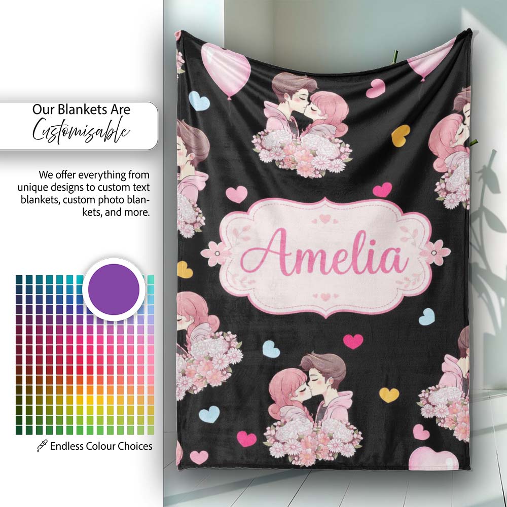 Valentines Love Couple Kissing Floral Hearts Black Background Personalised Custom Name Super Soft Fleece Blanket Bed Sofa Throw
