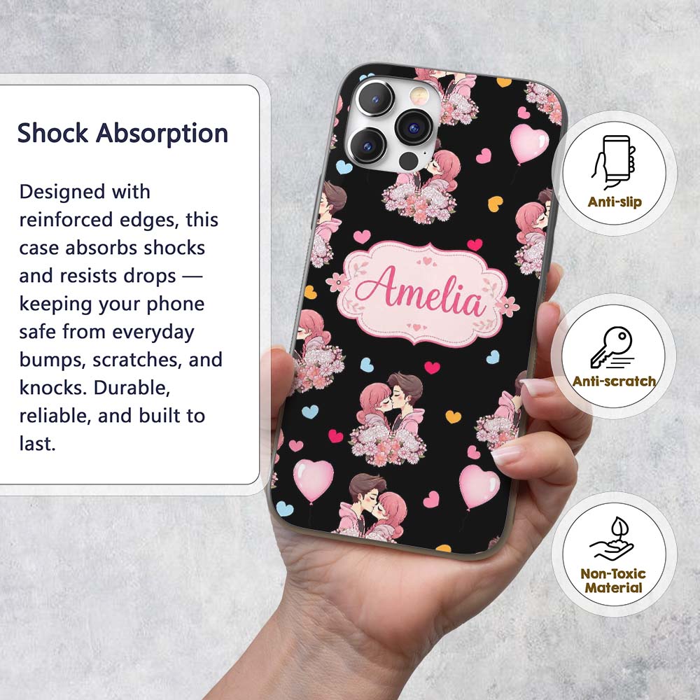 Valentines Love Couple Kissing Floral Hearts Custom Name Protective Phone Case Mobile Cover Durable Everyday Smartphone Shock Resistant