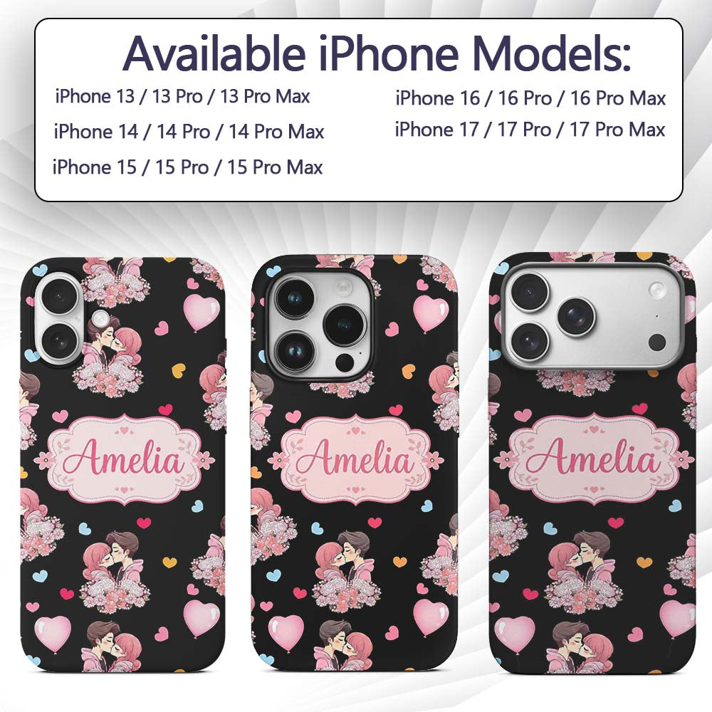 Valentines Love Couple Kissing Floral Hearts Custom Name Protective Phone Case Mobile Cover Durable Everyday Smartphone Shock Resistant