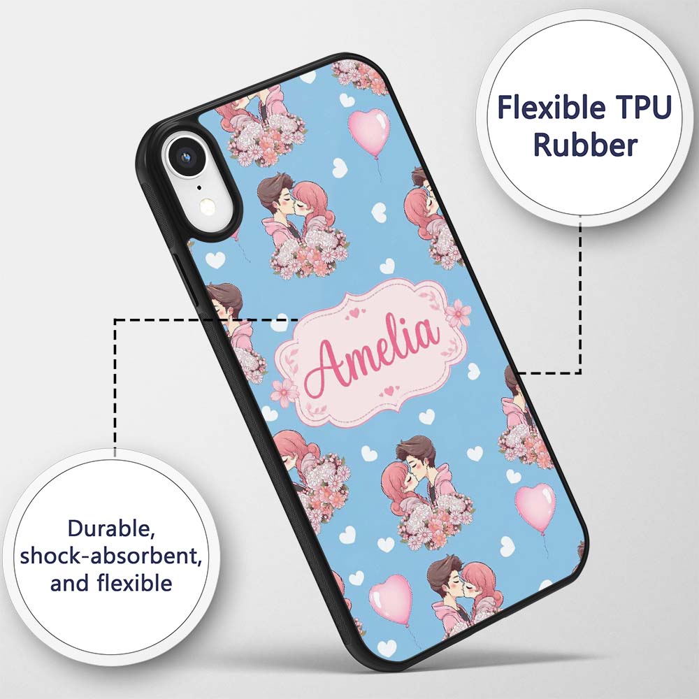 Valentines Love Couple Kissing Floral Hearts Blue Custom Name Protective Phone Case Mobile Cover Durable Everyday Smartphone Shock Resistant