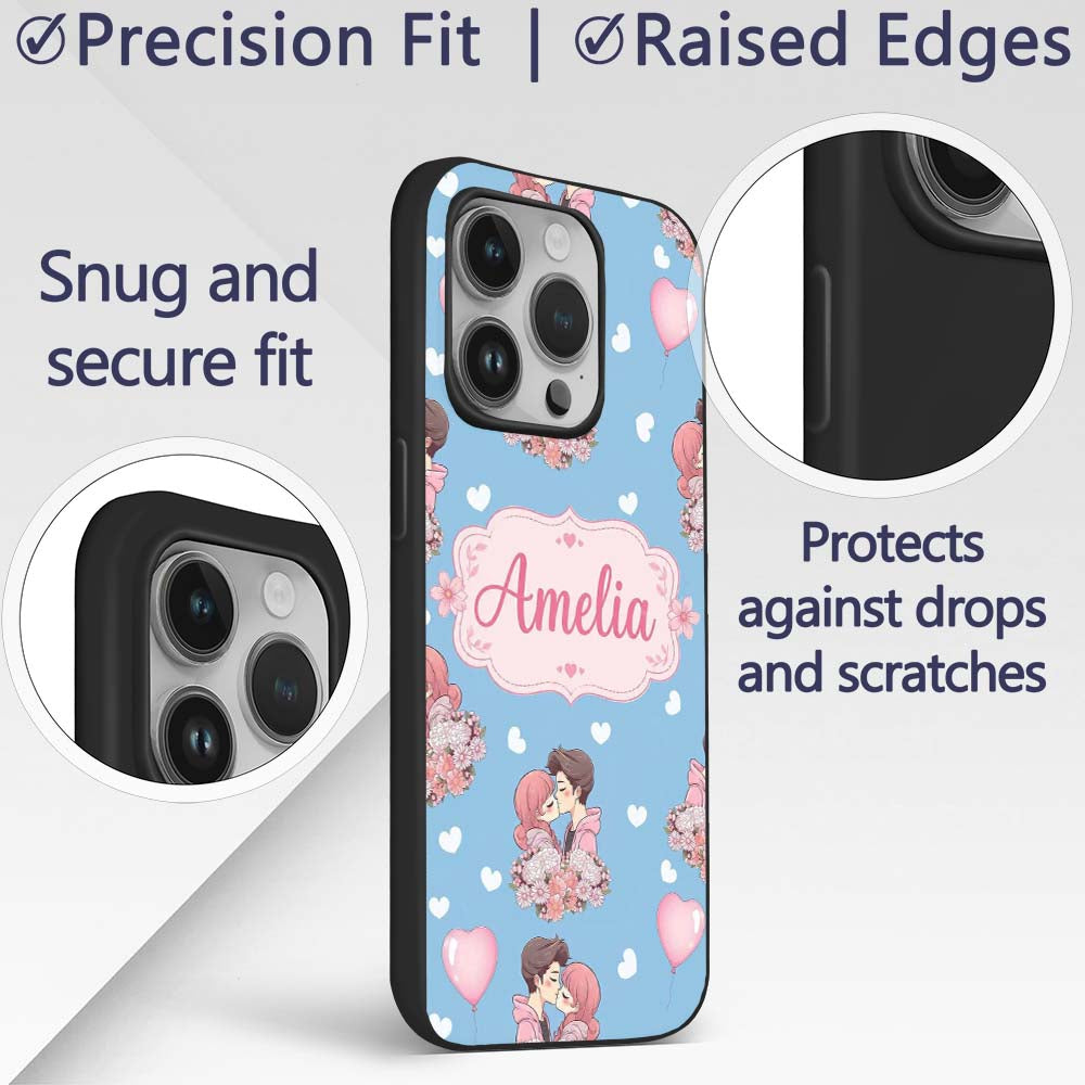 Valentines Love Couple Kissing Floral Hearts Blue Custom Name Protective Phone Case Mobile Cover Durable Everyday Smartphone Shock Resistant