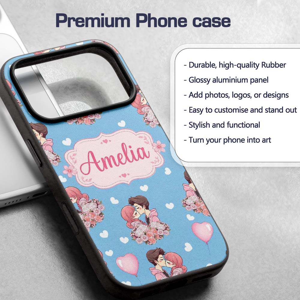 Valentines Love Couple Kissing Floral Hearts Blue Custom Name Protective Phone Case Mobile Cover Durable Everyday Smartphone Shock Resistant