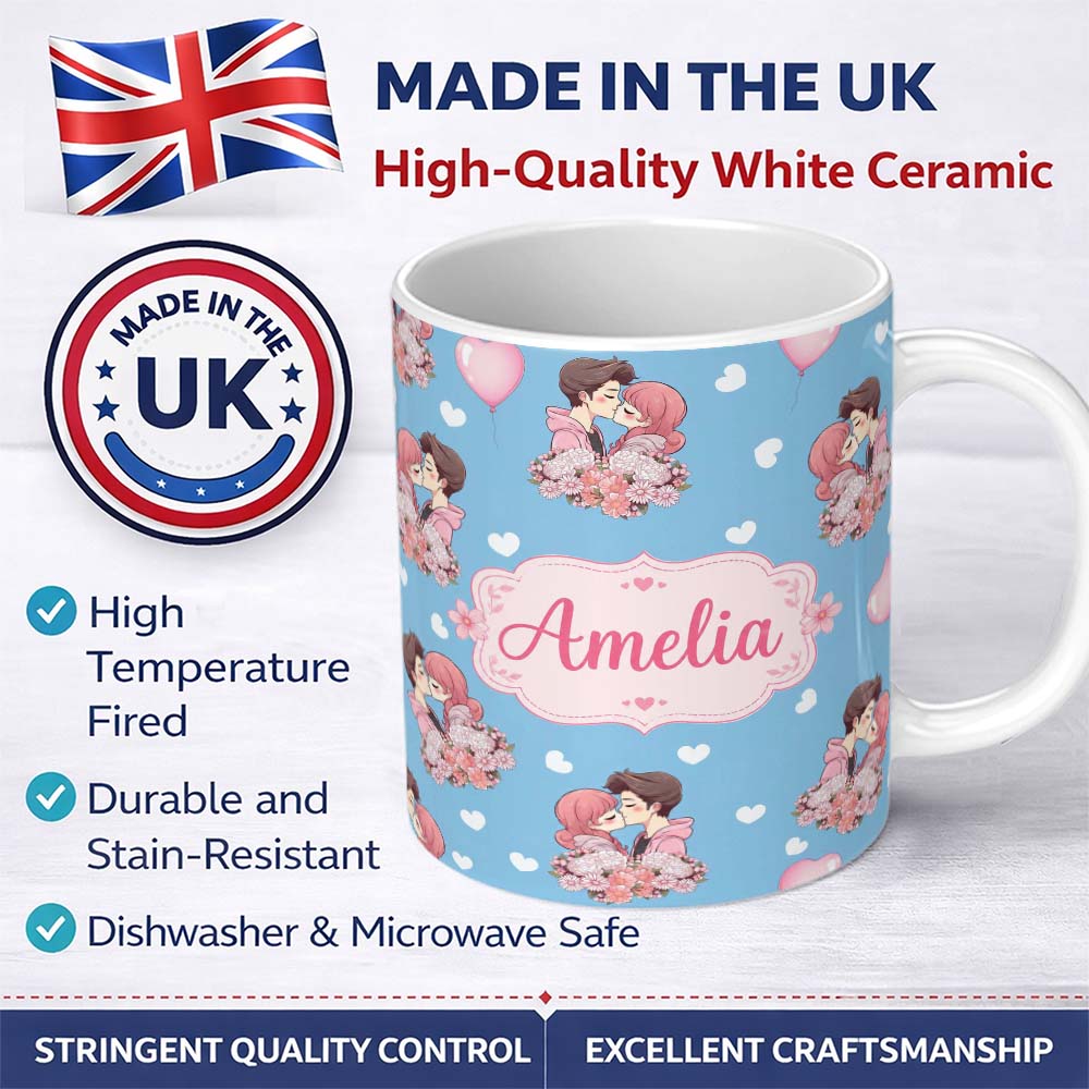 Personalized Custom Name Valentines Love Couple Kissing Floral Hearts Blue Background 11oz Ceramic Coffee Tea Mug White Large Handle