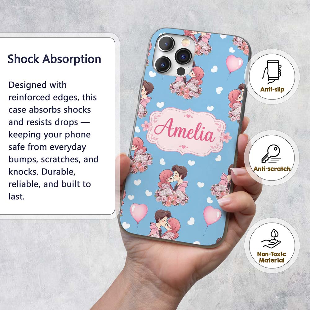 Valentines Love Couple Kissing Floral Hearts Blue Custom Name Protective Phone Case Mobile Cover Durable Everyday Smartphone Shock Resistant