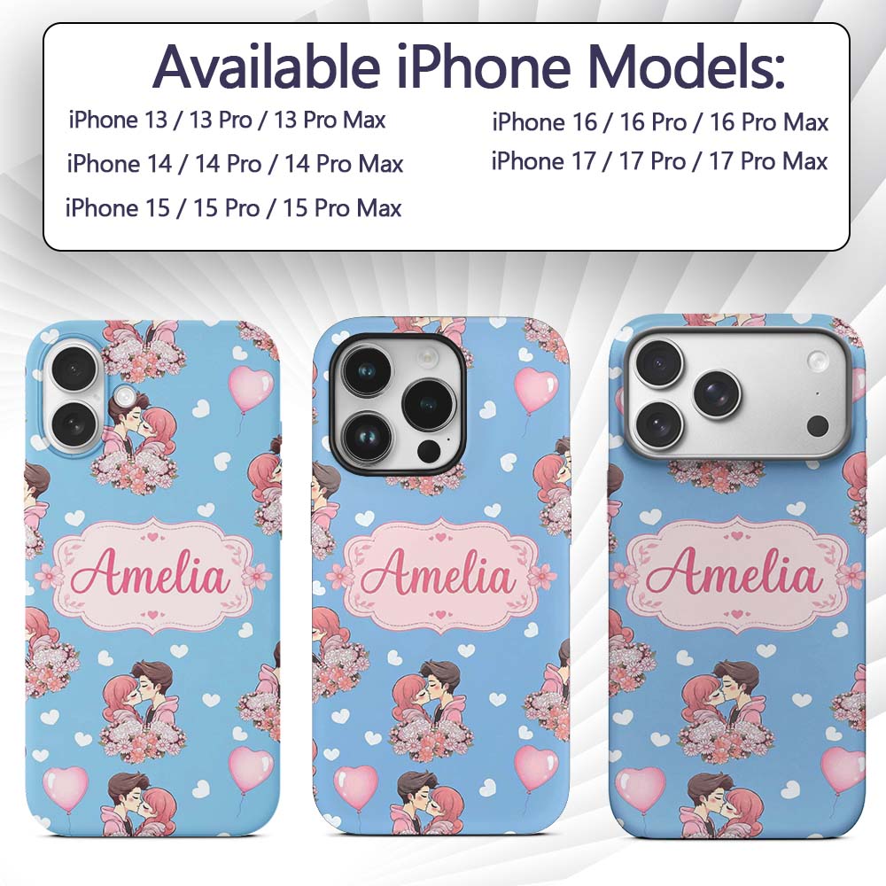 Valentines Love Couple Kissing Floral Hearts Blue Custom Name Protective Phone Case Mobile Cover Durable Everyday Smartphone Shock Resistant