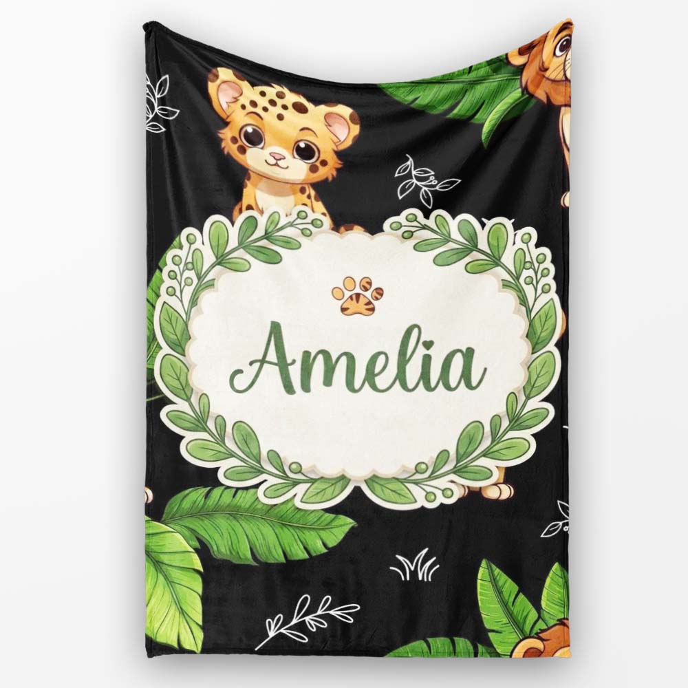 Cute Jungle Animals Dark Background Seamless Pattern Lovely Personalised Custom Name Super Soft Fleece Blanket Bed Sofa Throw