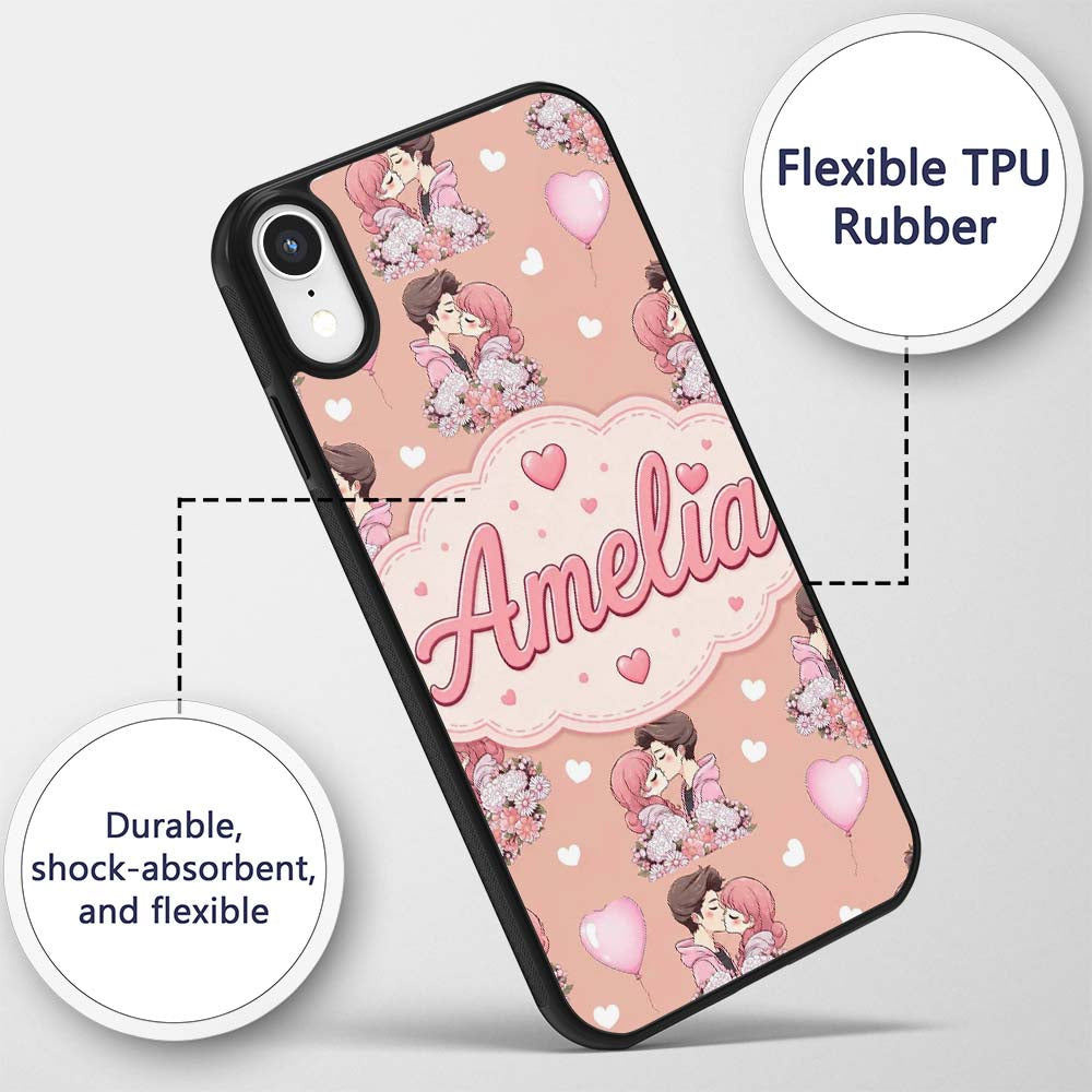 Valentines Love Couple Kissing Floral Hearts Custom Name Protective Phone Case Mobile Cover Durable Everyday Smartphone Shock Resistant