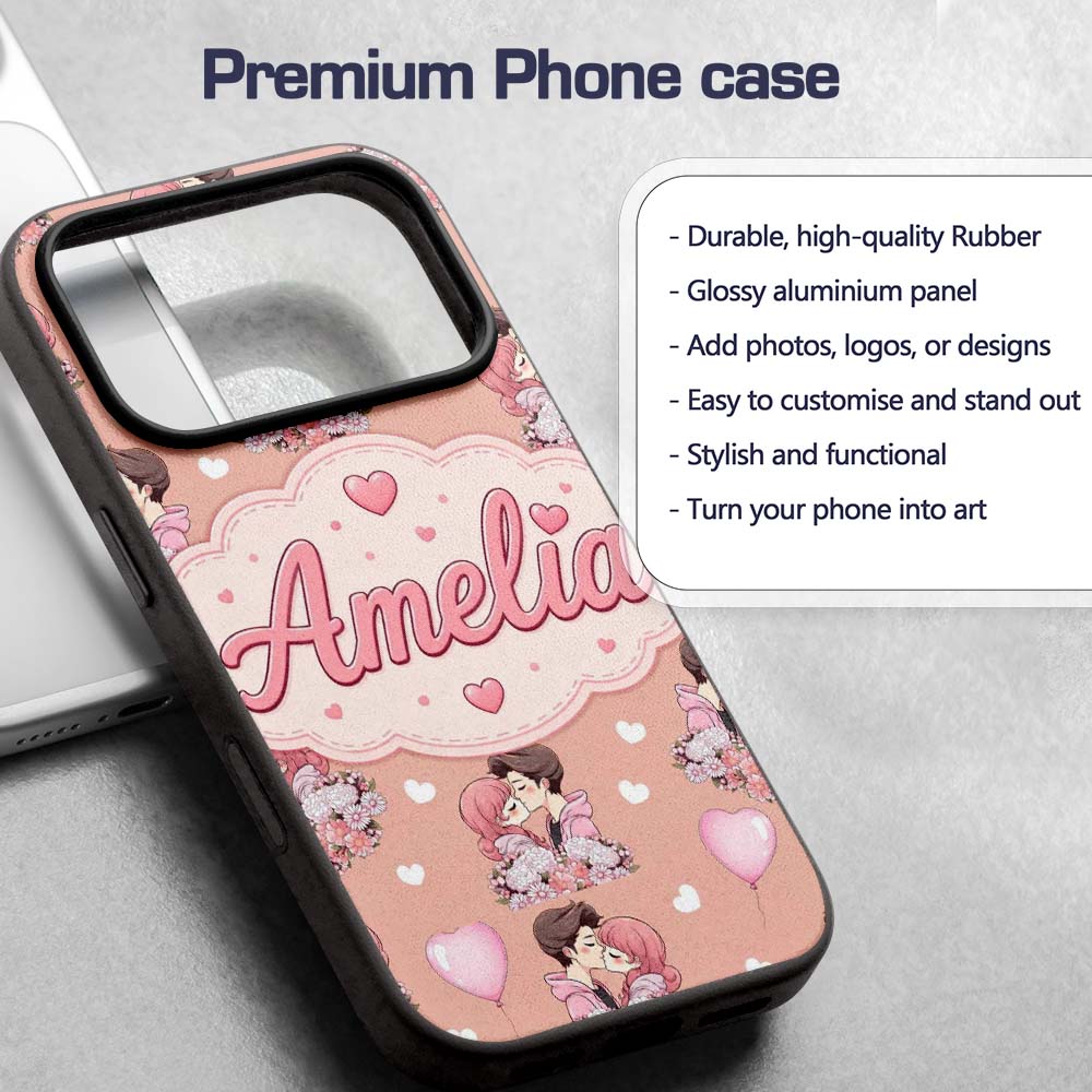 Valentines Love Couple Kissing Floral Hearts Custom Name Protective Phone Case Mobile Cover Durable Everyday Smartphone Shock Resistant