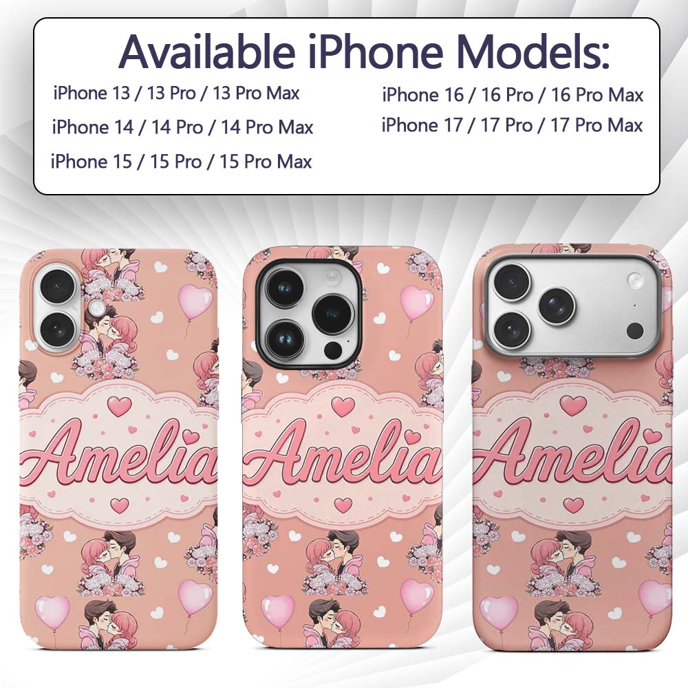 Valentines Love Couple Kissing Floral Hearts Custom Name Protective Phone Case Mobile Cover Durable Everyday Smartphone Shock Resistant