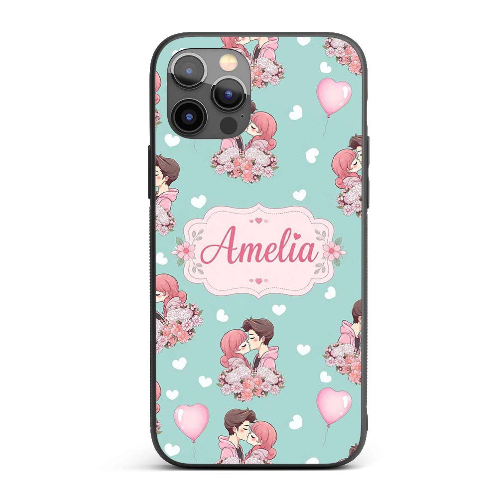 Valentines Love Couple Kissing Floral Hearts Custom Name Protective Phone Case Mobile Cover Durable Everyday Smartphone Shock Resistant