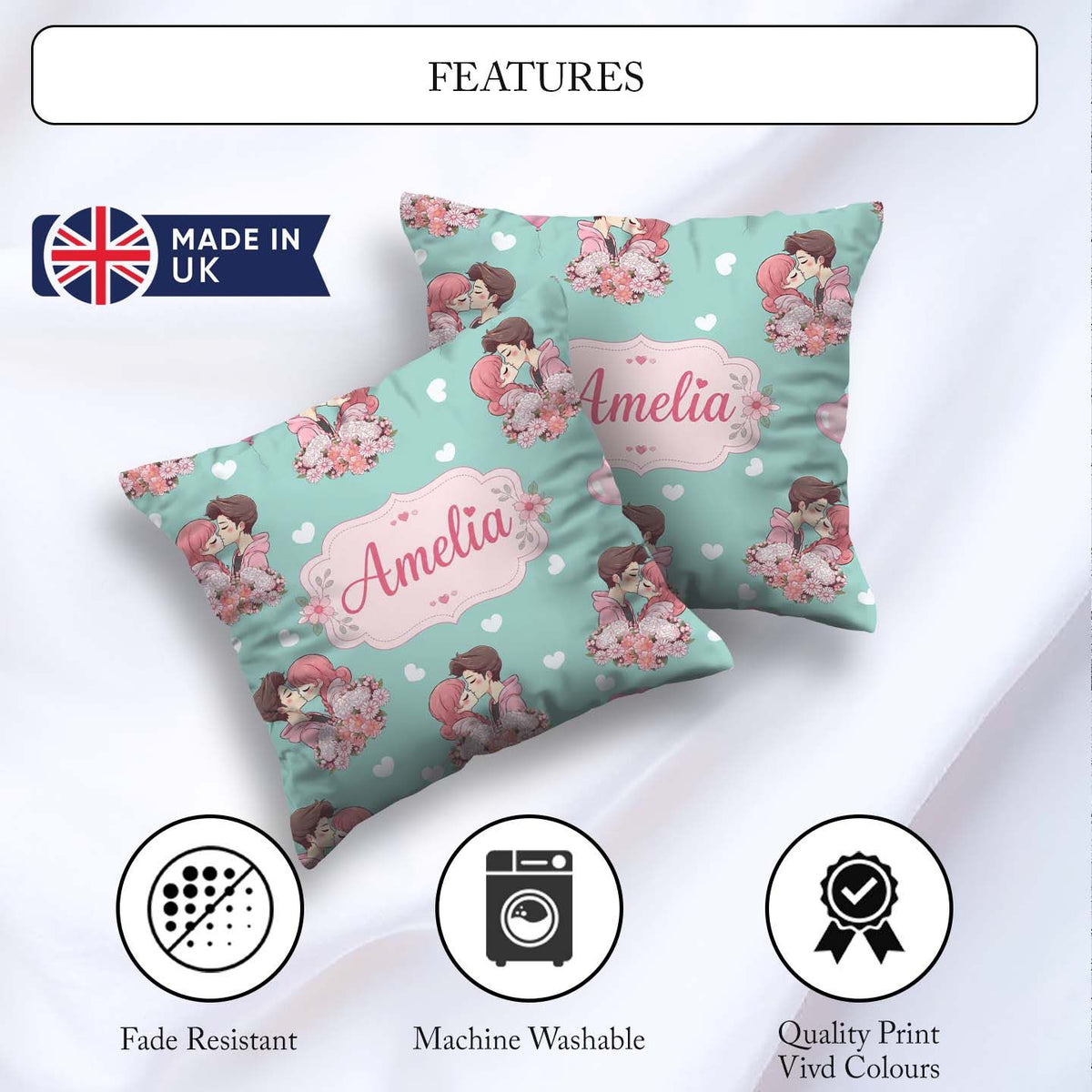 Custom Name Valentines Love Couple Kissing Floral Hearts Green Square Filled Cushion Throw Pillow Sofa Bed Home Decor Zip Washable UK Made