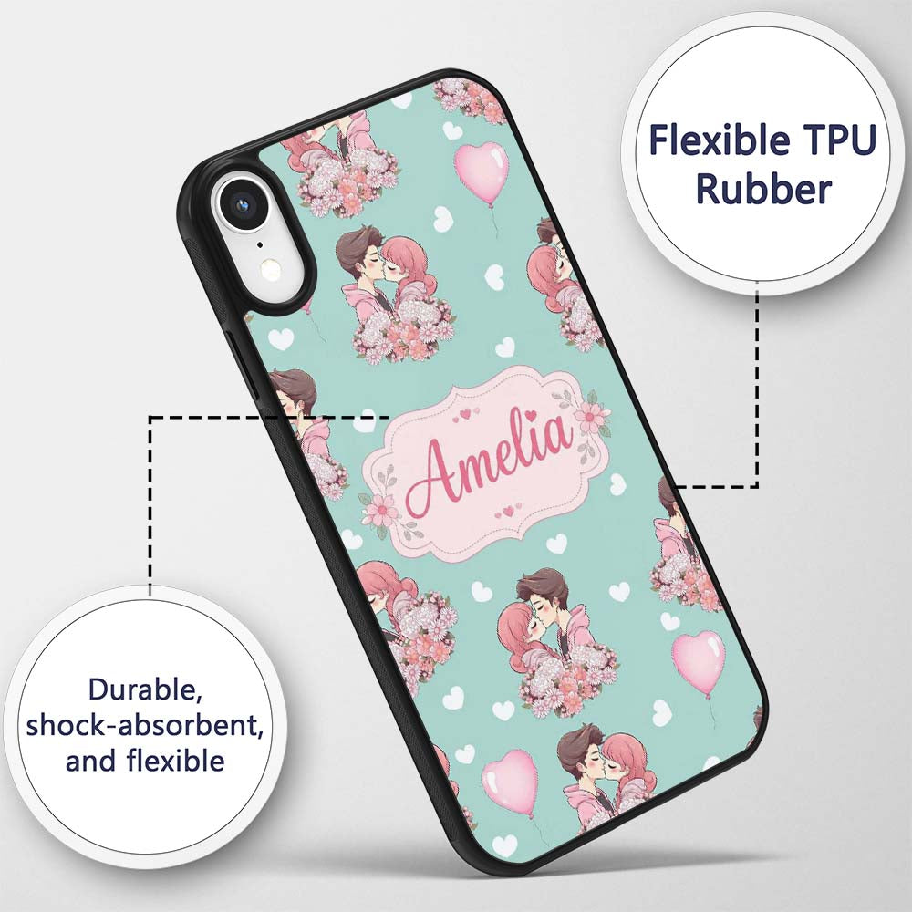 Valentines Love Couple Kissing Floral Hearts Custom Name Protective Phone Case Mobile Cover Durable Everyday Smartphone Shock Resistant
