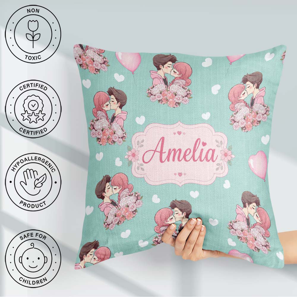 Custom Name Valentines Love Couple Kissing Floral Hearts Green Square Filled Cushion Throw Pillow Sofa Bed Home Decor Zip Washable UK Made