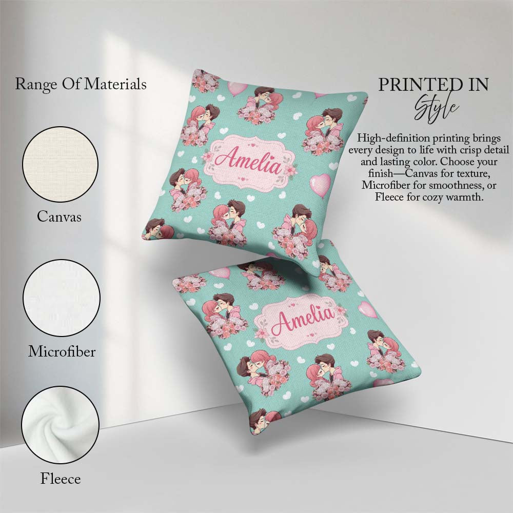 Custom Name Valentines Love Couple Kissing Floral Hearts Green Square Filled Cushion Throw Pillow Sofa Bed Home Decor Zip Washable UK Made