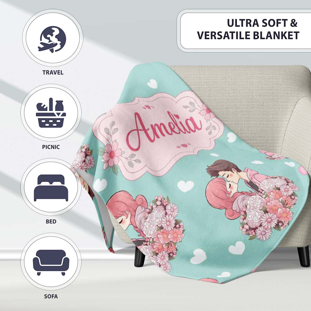 Valentines Love Couple Kissing Floral Hearts Green Background Personalised Custom Name Super Soft Fleece Blanket Bed Sofa Throw