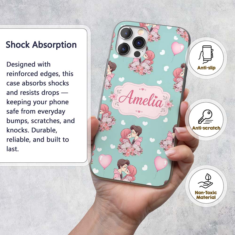 Valentines Love Couple Kissing Floral Hearts Custom Name Protective Phone Case Mobile Cover Durable Everyday Smartphone Shock Resistant