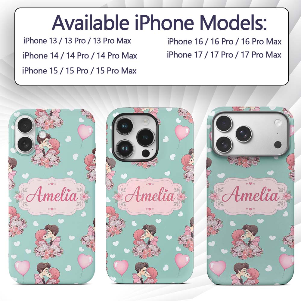 Valentines Love Couple Kissing Floral Hearts Custom Name Protective Phone Case Mobile Cover Durable Everyday Smartphone Shock Resistant