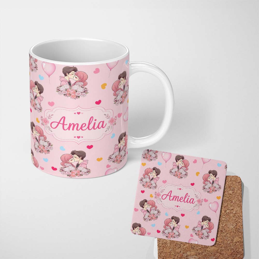 Personalized Custom Name Cute Valentines Couple Kissing Floral Hearts Balloon Pink 11oz Ceramic Coffee Tea Mug White Large Handle
