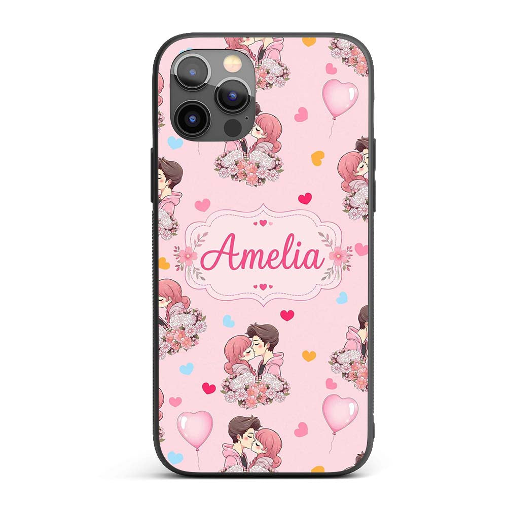 Cute Valentines Couple Kissing Floral Hearts Custom Name Protective Phone Case Mobile Cover Durable Everyday Smartphone Shock Resistant