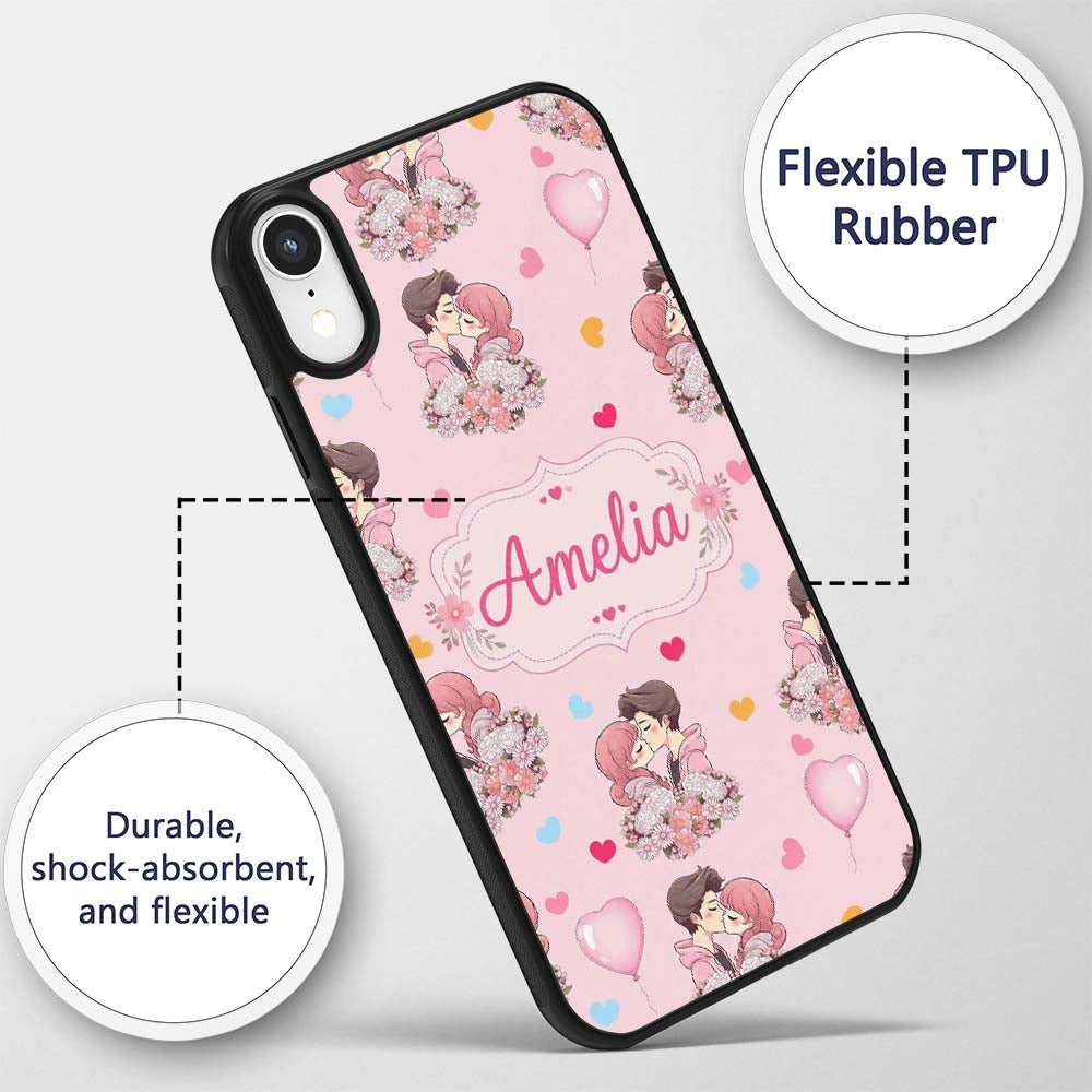 Cute Valentines Couple Kissing Floral Hearts Custom Name Protective Phone Case Mobile Cover Durable Everyday Smartphone Shock Resistant