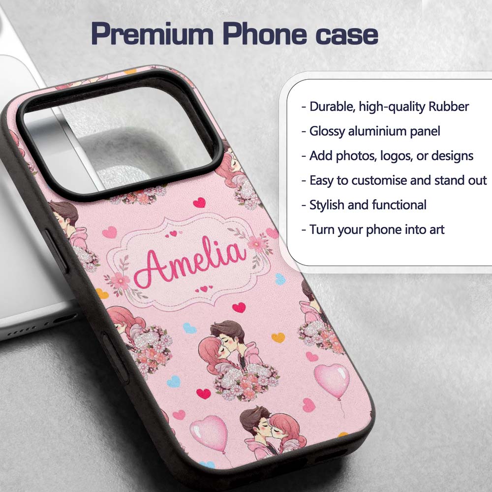 Cute Valentines Couple Kissing Floral Hearts Custom Name Protective Phone Case Mobile Cover Durable Everyday Smartphone Shock Resistant