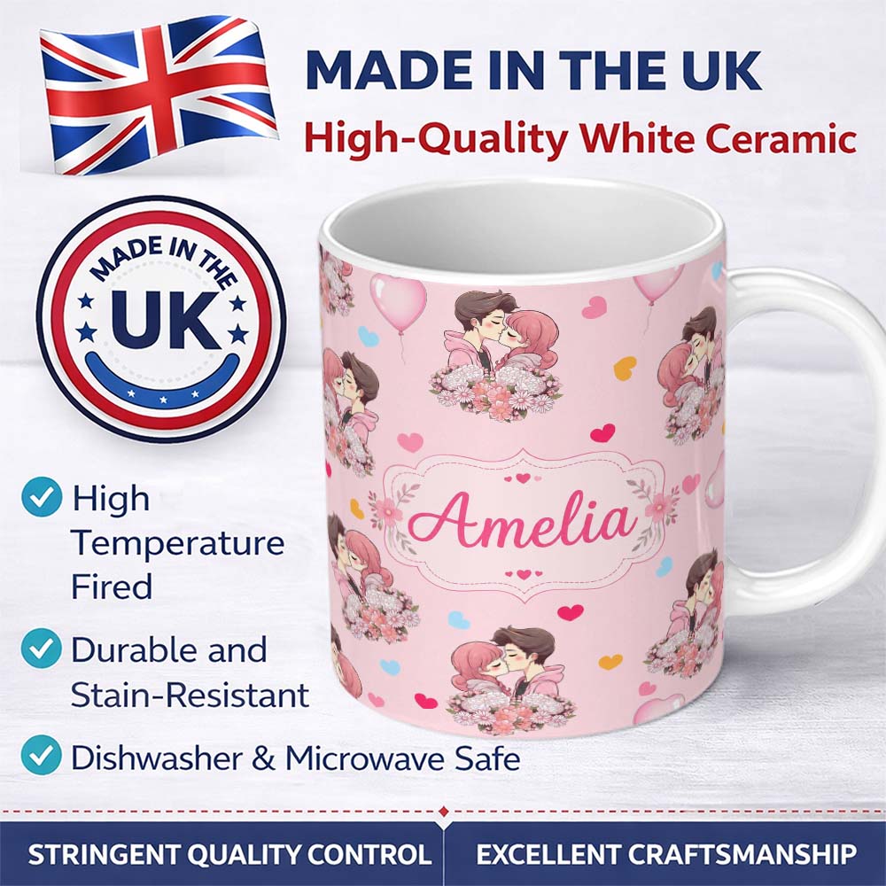 Personalized Custom Name Cute Valentines Couple Kissing Floral Hearts Balloon Pink 11oz Ceramic Coffee Tea Mug White Large Handle
