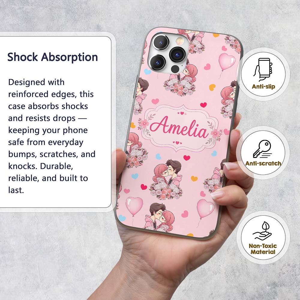 Cute Valentines Couple Kissing Floral Hearts Custom Name Protective Phone Case Mobile Cover Durable Everyday Smartphone Shock Resistant