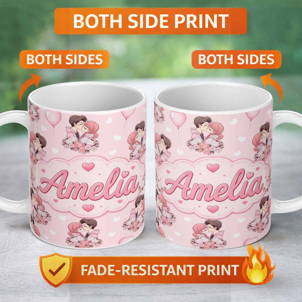 Personalized Custom Name Cute Valentines Couple Kissing Floral Hearts Balloon Light Pink 11oz Ceramic Coffee Tea Mug White Large Handle