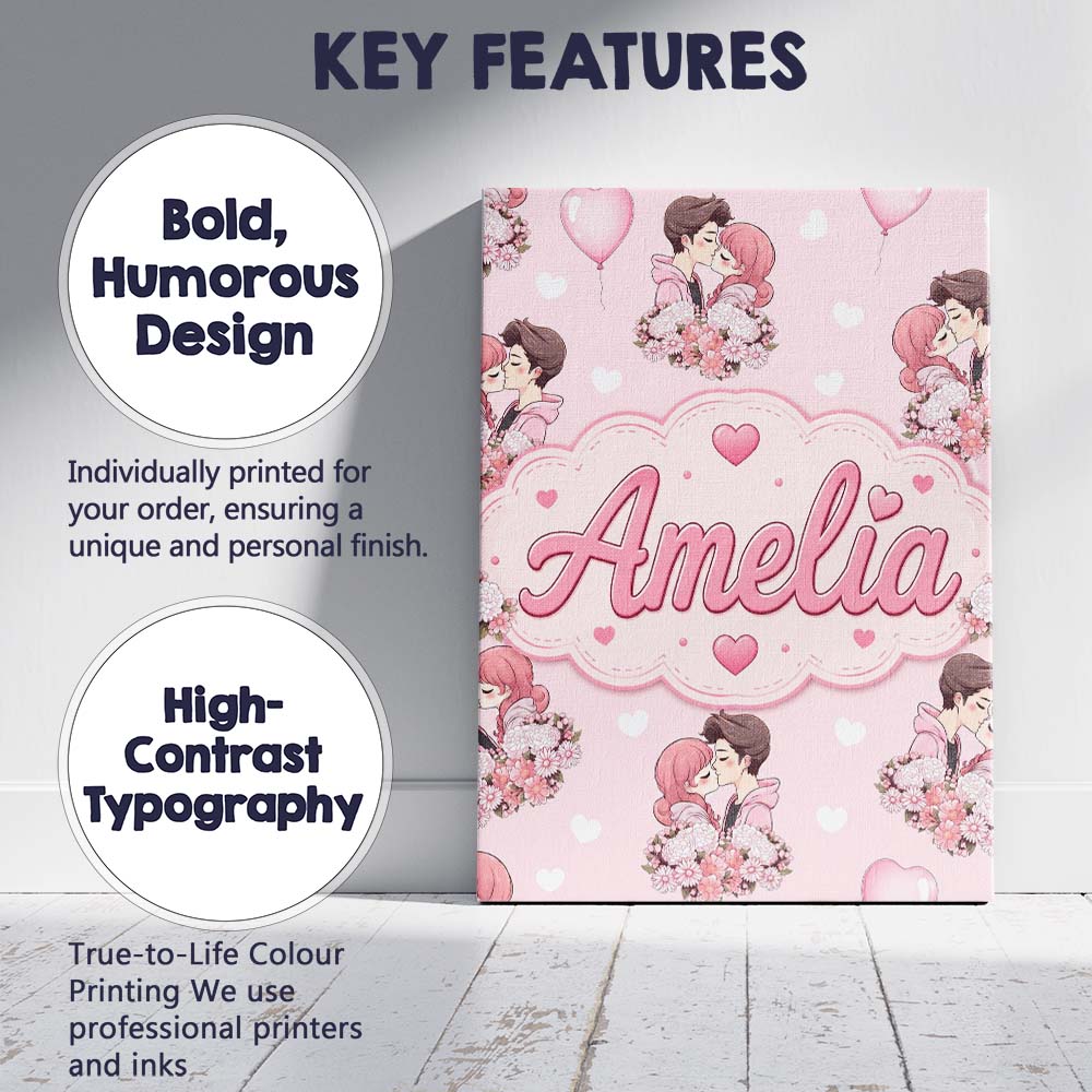 Personalised Name Cute Valentines Couple Custom Unique Gift Idea Elegant Feature Canvas Wall Art Print Decor Picture Ready to Hang